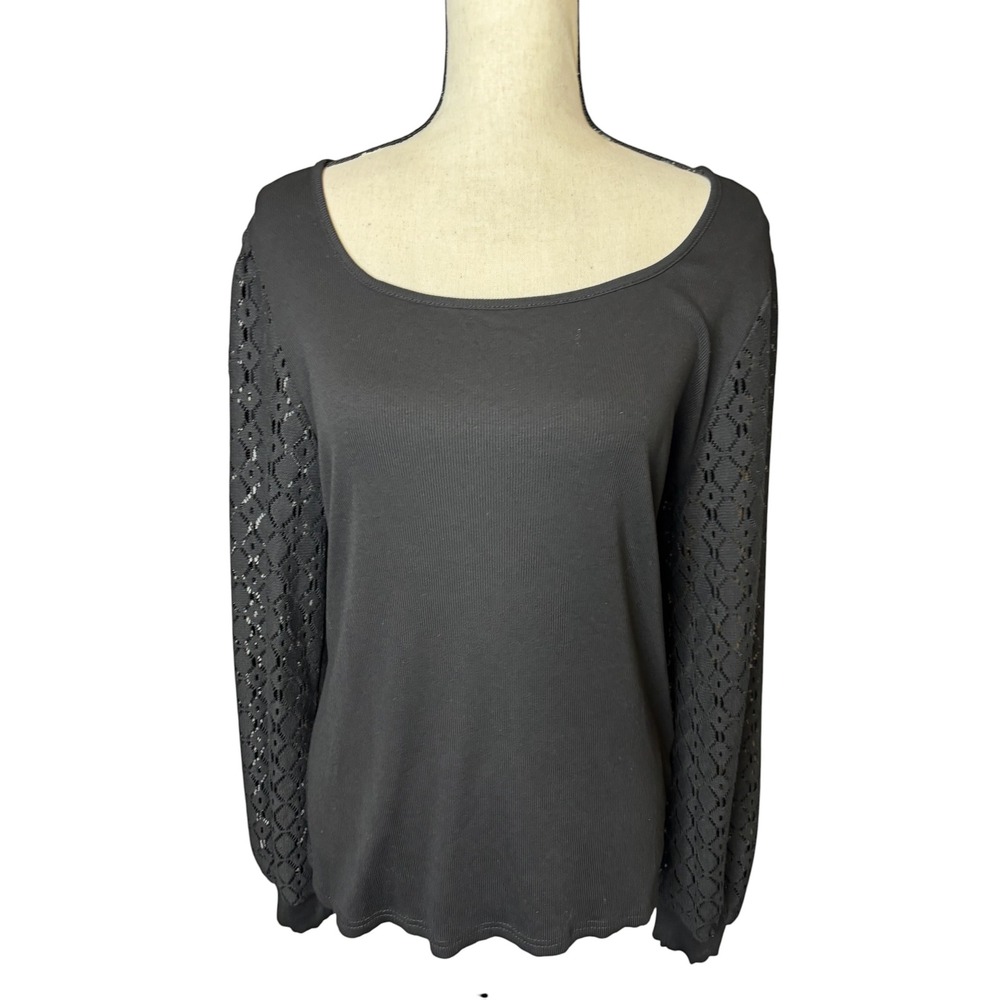 Dorose Black Ribbed Knit Top with Crochet Lace Long Balloon Sleeves XL